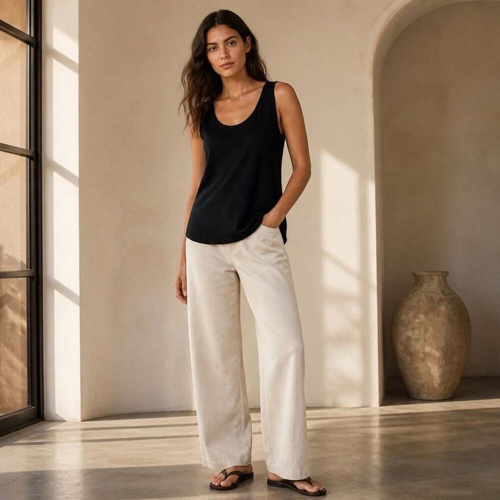 Eileen Fisher Black 100% Organic Linen Scoop Neck Tank Top